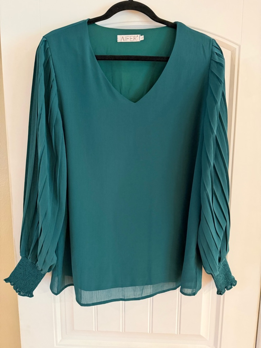 Aifer Teal V-Neck Pleated Sleeve Blouse